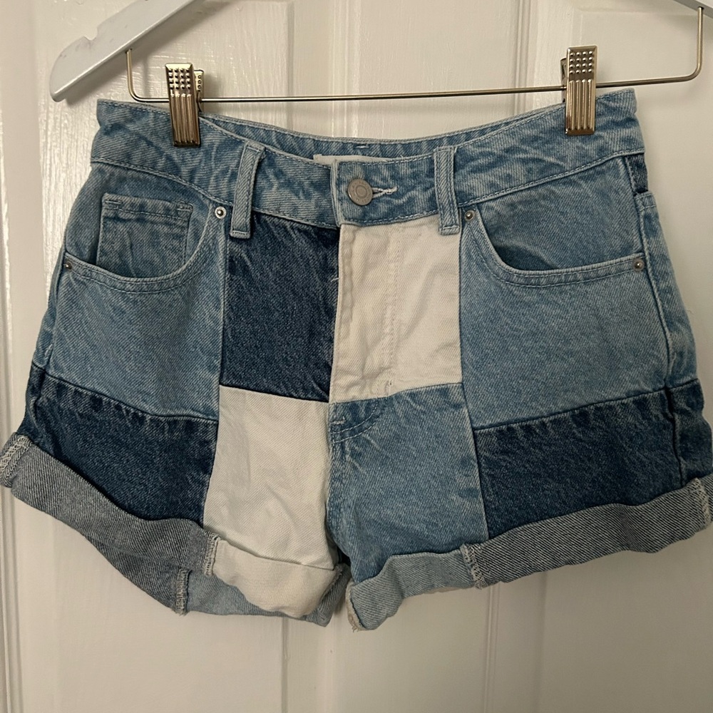 PacSun Patchwork Denim Shorts in Light & Dark Blue with White Panel